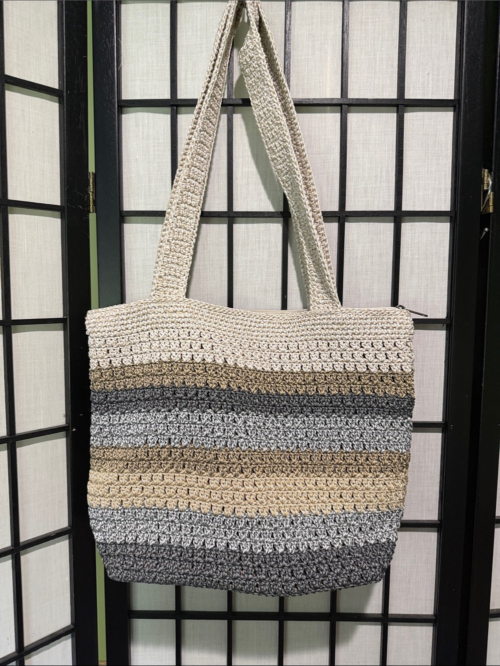 The Sak Sola Crochet Stripe Resort Carryall Totebag NEW Tan/Blue